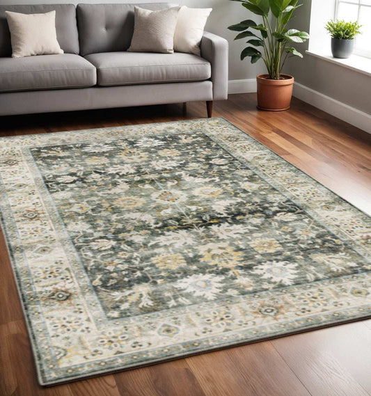 5' X 7' Grey Charcoal Gold Brown Ivory Pale Sage And Light Blue Oriental Printed Stain Resistant Non Skid Area Rug - Homeroots - Flyclothing LLC