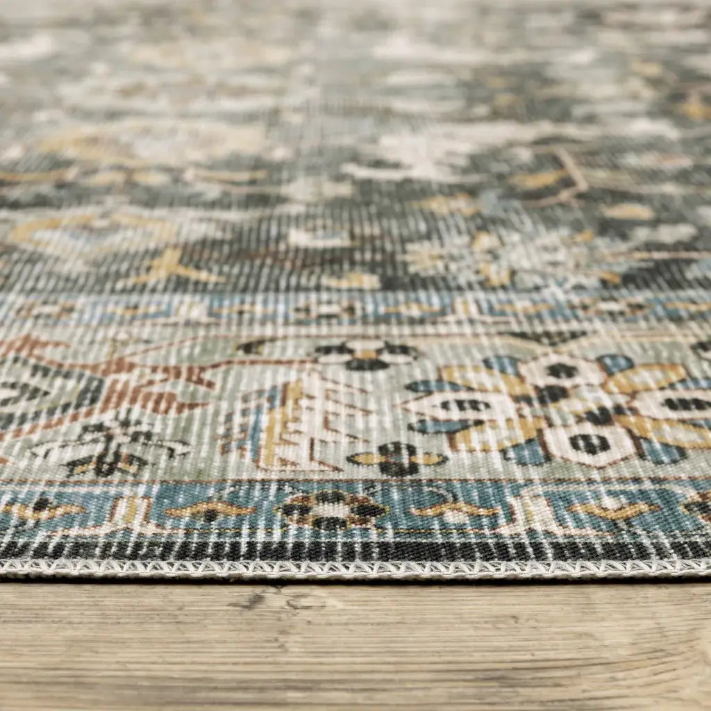 7' X 10' Grey Charcoal Gold Brown Ivory Pale Sage And Light Blue Oriental Printed Stain Resistant Non Skid Area Rug - Homeroots - Flyclothing LLC