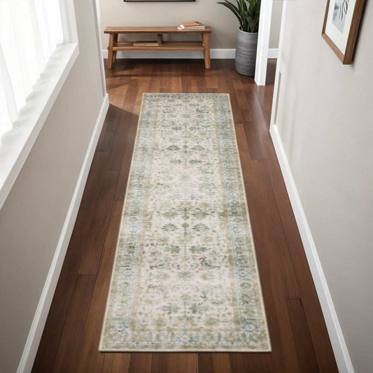 2' X 8' Grey Orange Blue Gold Green And Rust Oriental Printed Stain Resistant Non Skid Runner Rug - Homeroots - Flyclothing LLC