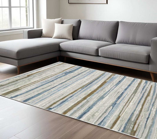 8' X 11' Grey Blue Ivory Brown Beige And Navy Abstract Power Loom Stain Resistant Area Rug - Homeroots - Flyclothing LLC