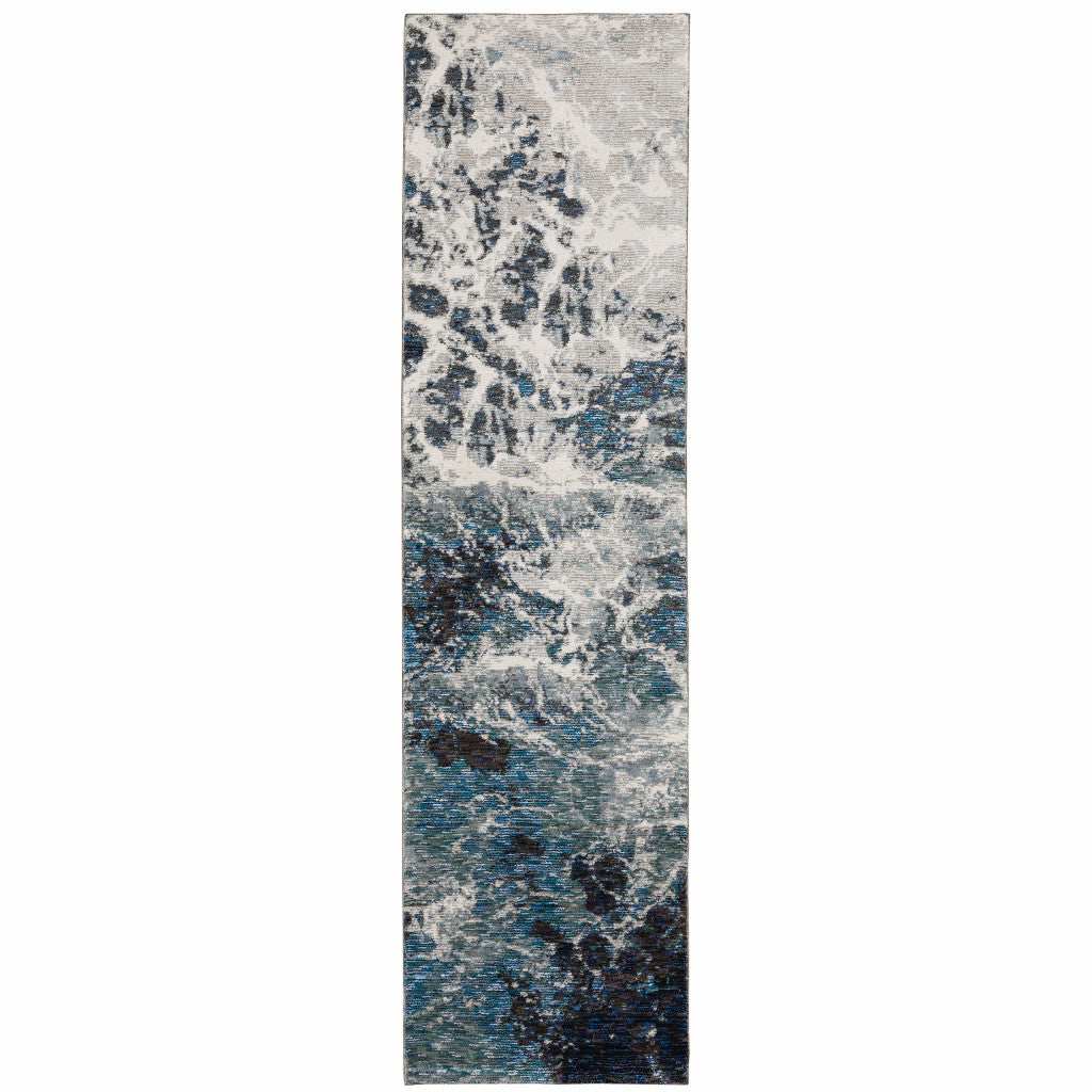 12' Runner Grey Teal and Green Abstract Power Loom Runner Rug - Homeroots - Flyclothing LLC