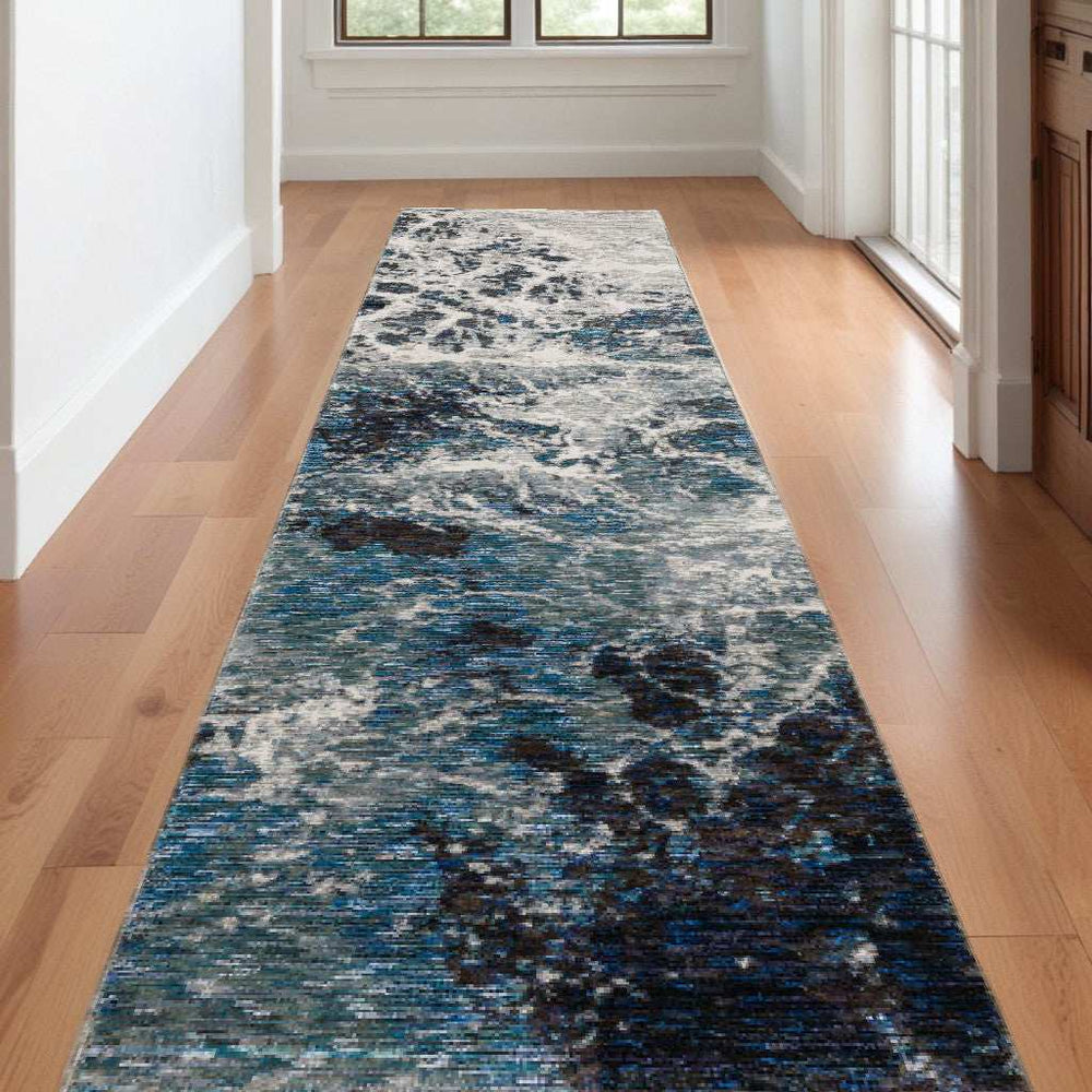 12' Runner Grey Teal and Green Abstract Power Loom Runner Rug
