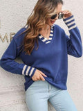 Striped Trim Drop Shoulder Sweater - Trendsi
