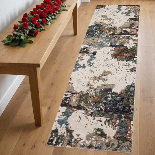 8' Runner Blue and Ivory Abstract Power Loom Runner Rug - Homeroots - Flyclothing LLC