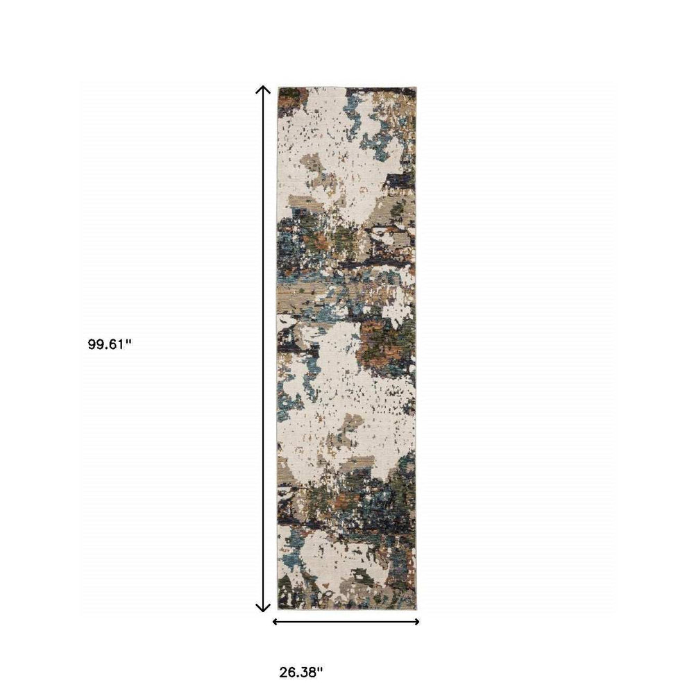 8' Runner Blue and Ivory Abstract Power Loom Runner Rug - Homeroots - Flyclothing LLC