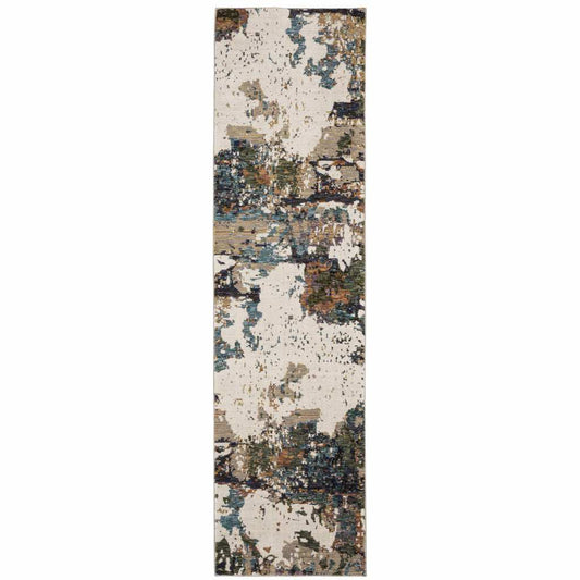 12' Runner Green Gold and Blue Abstract Power Loom Runner Rug - Homeroots - Flyclothing LLC