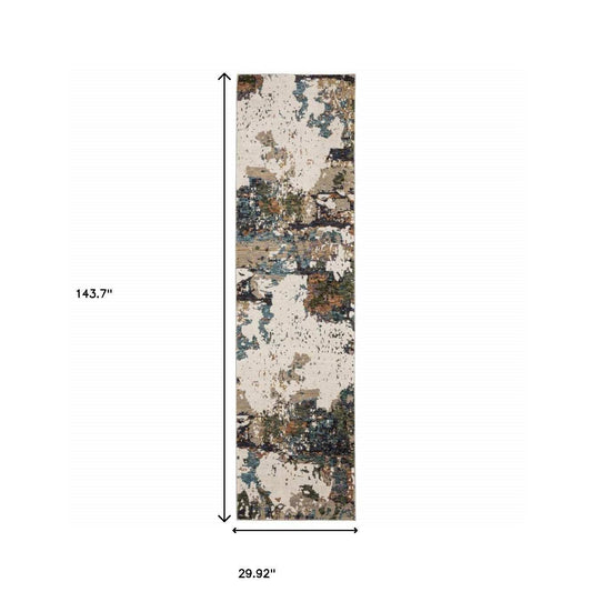 12' Runner Green Gold and Blue Abstract Power Loom Runner Rug - Homeroots - Flyclothing LLC