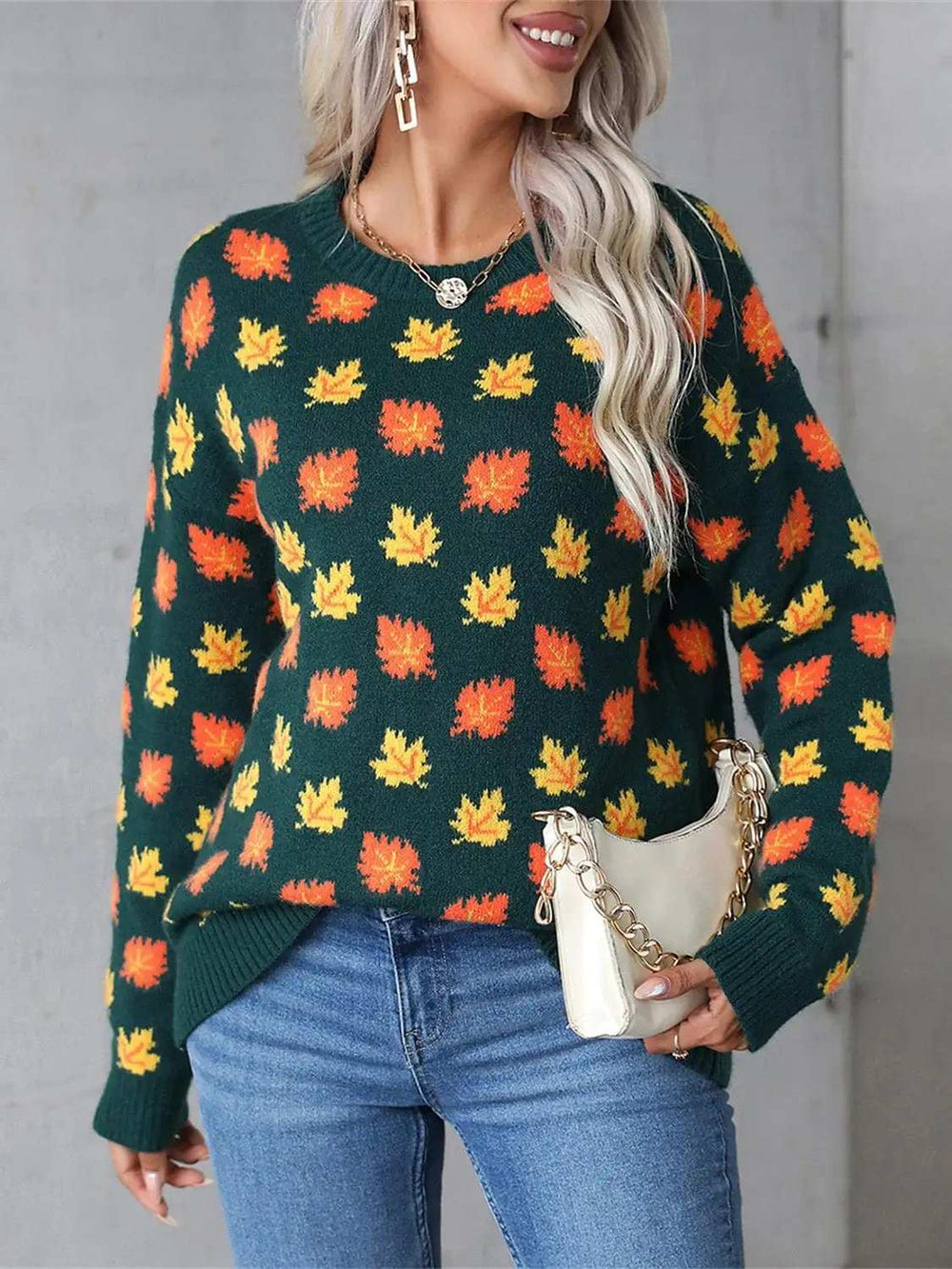 Angel Wings Maple Leaf Round Neck Long Sleeve Sweater - Trendsi - Flyclothing LLC