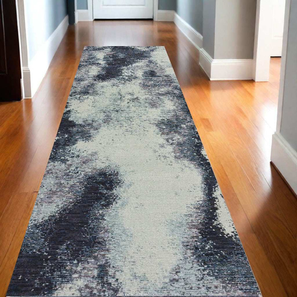 12' Runner Navy and Ivory Abstract Power Loom Runner Rug