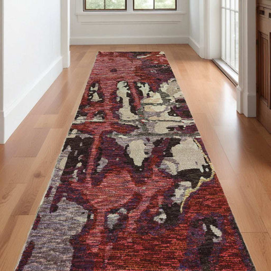 12' Runner Red and Beige Abstract Power Loom Runner Rug - Homeroots - Flyclothing LLC