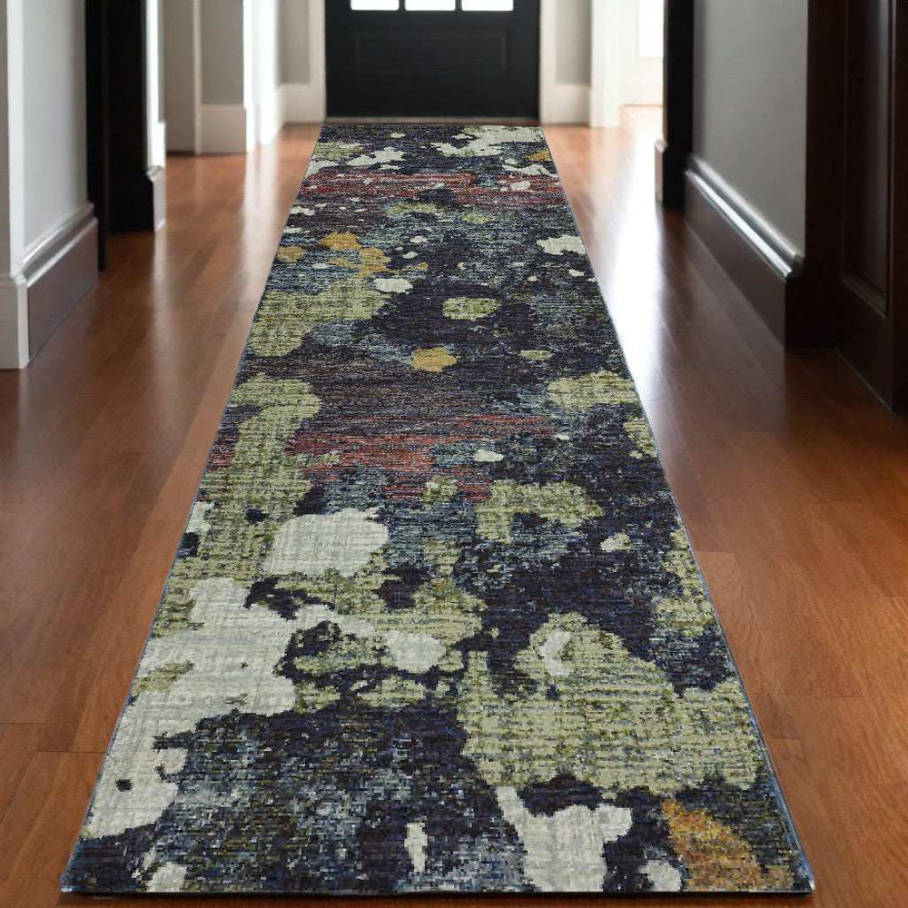 12' Runner Navy and Green Abstract Power Loom Runner Rug - Homeroots