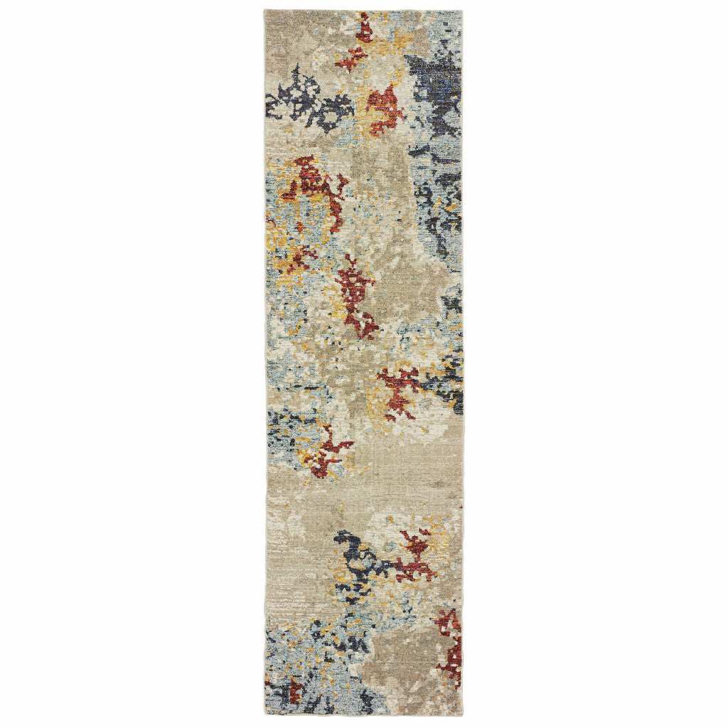12' Runner Beige and Blue Abstract Power Loom Runner Rug - Homeroots - Flyclothing LLC