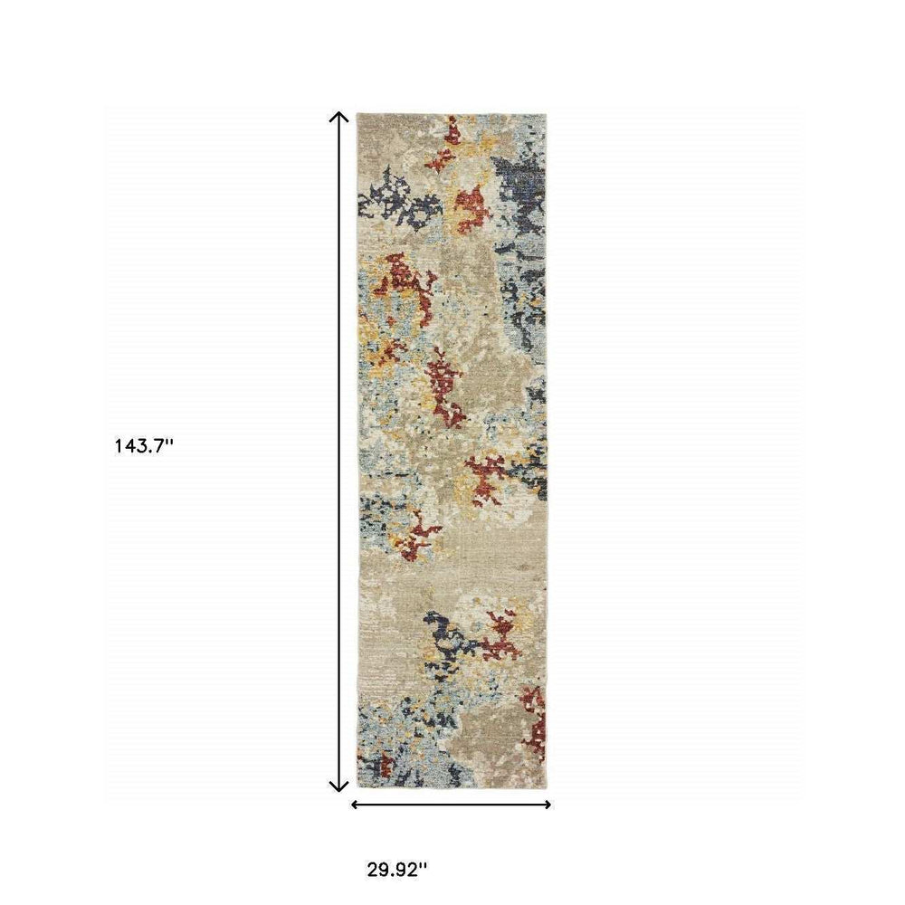 12' Runner Beige and Blue Abstract Power Loom Runner Rug - Homeroots - Flyclothing LLC