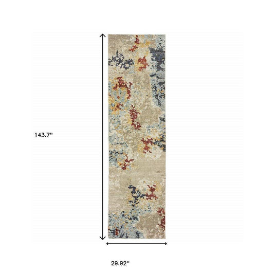12' Runner Beige and Blue Abstract Power Loom Runner Rug - Homeroots - Flyclothing LLC