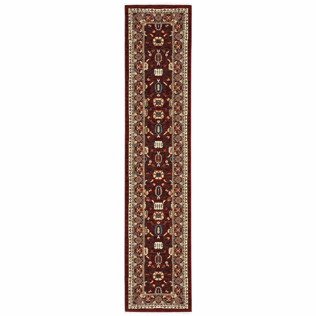 2' X 10' Red And Ivory Oriental Power Loom Runner Rug With Fringe - Homeroots - Flyclothing LLC