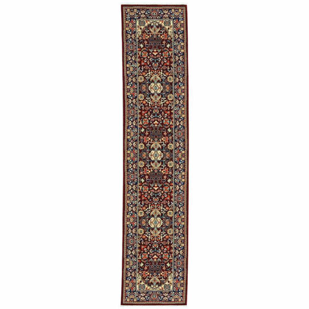 2' X 10' Blue And Red Oriental Power Loom Runner Rug With Fringe - Homeroots