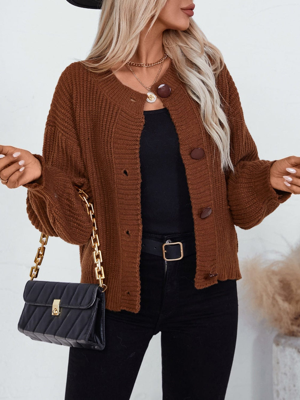 Button Down Long Sleeve Cardigan - Trendsi