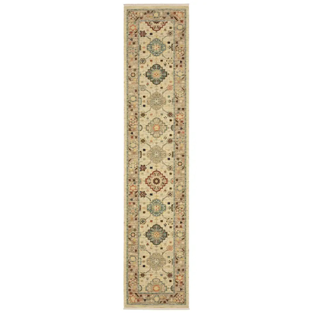 2' X 10' Beige And Ivory Oriental Power Loom Runner Rug With Fringe - Homeroots - Flyclothing LLC