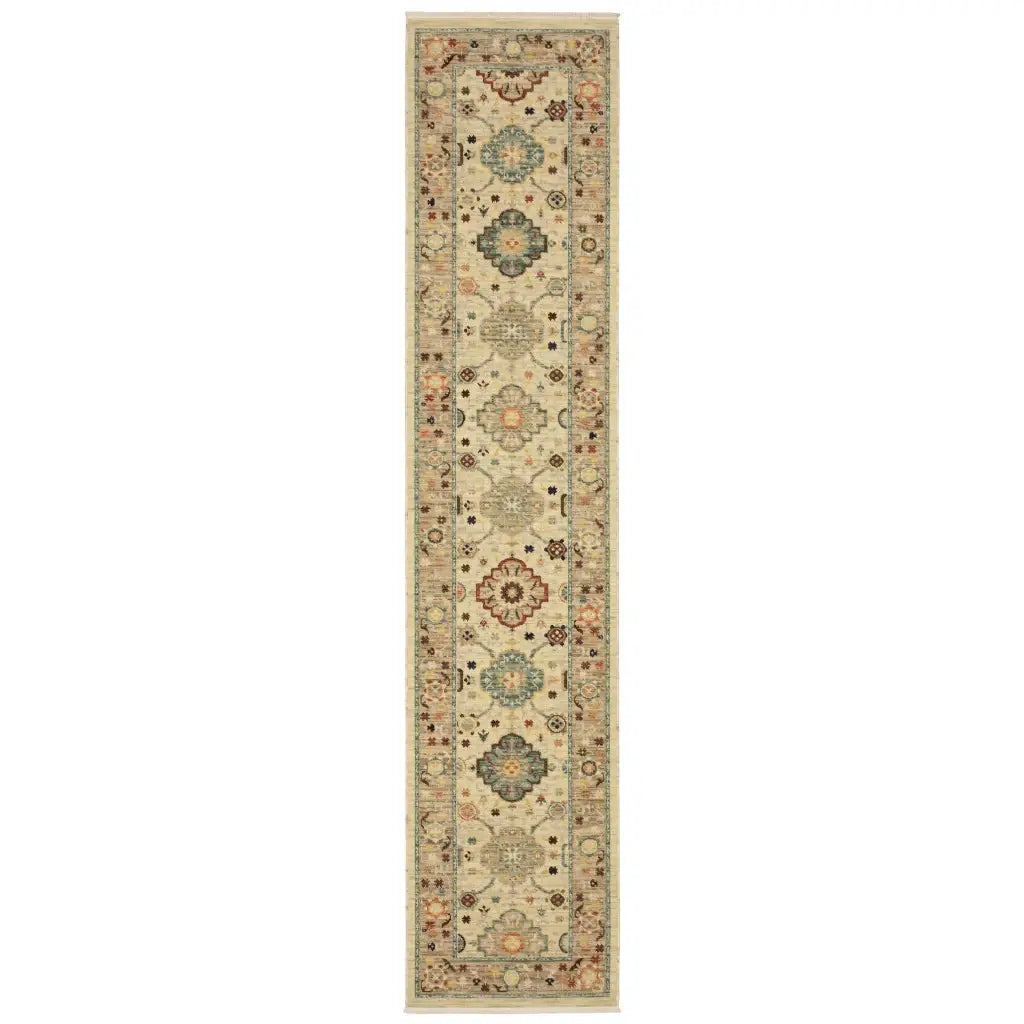 2' X 10' Beige And Ivory Oriental Power Loom Runner Rug With Fringe - Homeroots - Flyclothing LLC