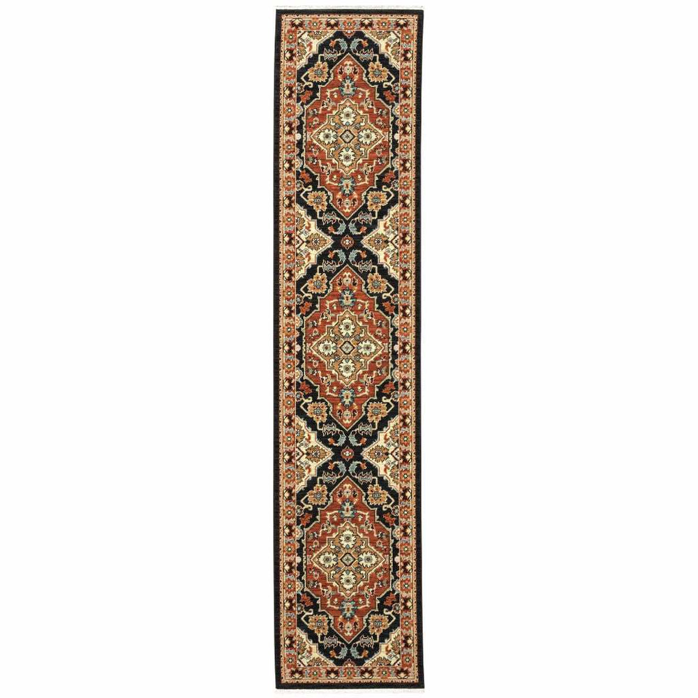 12' Red And Black Oriental Power Loom Runner Rug With Fringe