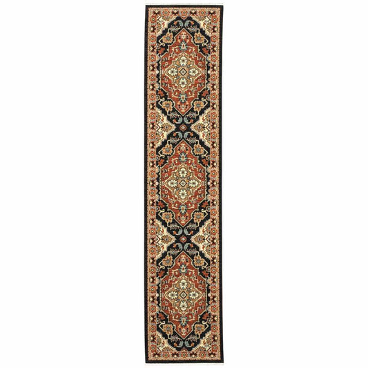 12' Red And Black Oriental Power Loom Runner Rug With Fringe - Homeroots - Flyclothing LLC