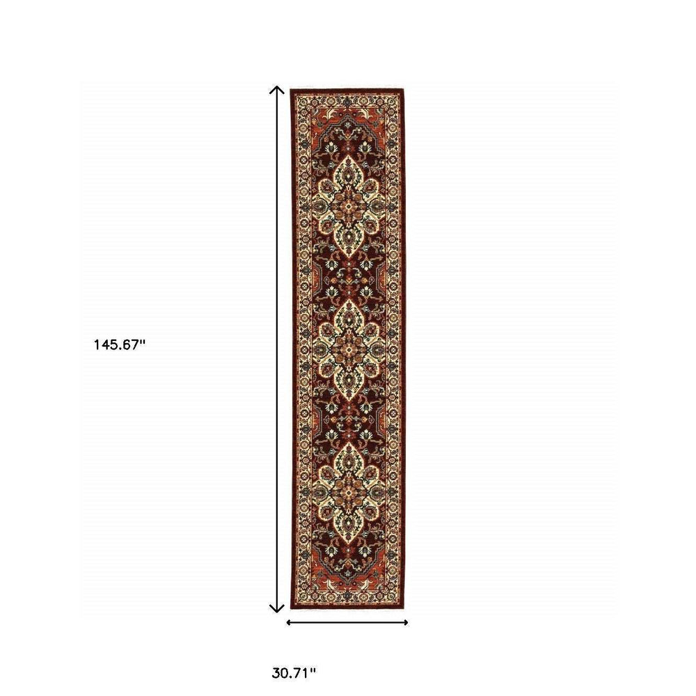 2' X 10' Red And Ivory Oriental Power Loom Runner Rug With Fringe - Homeroots - Flyclothing LLC