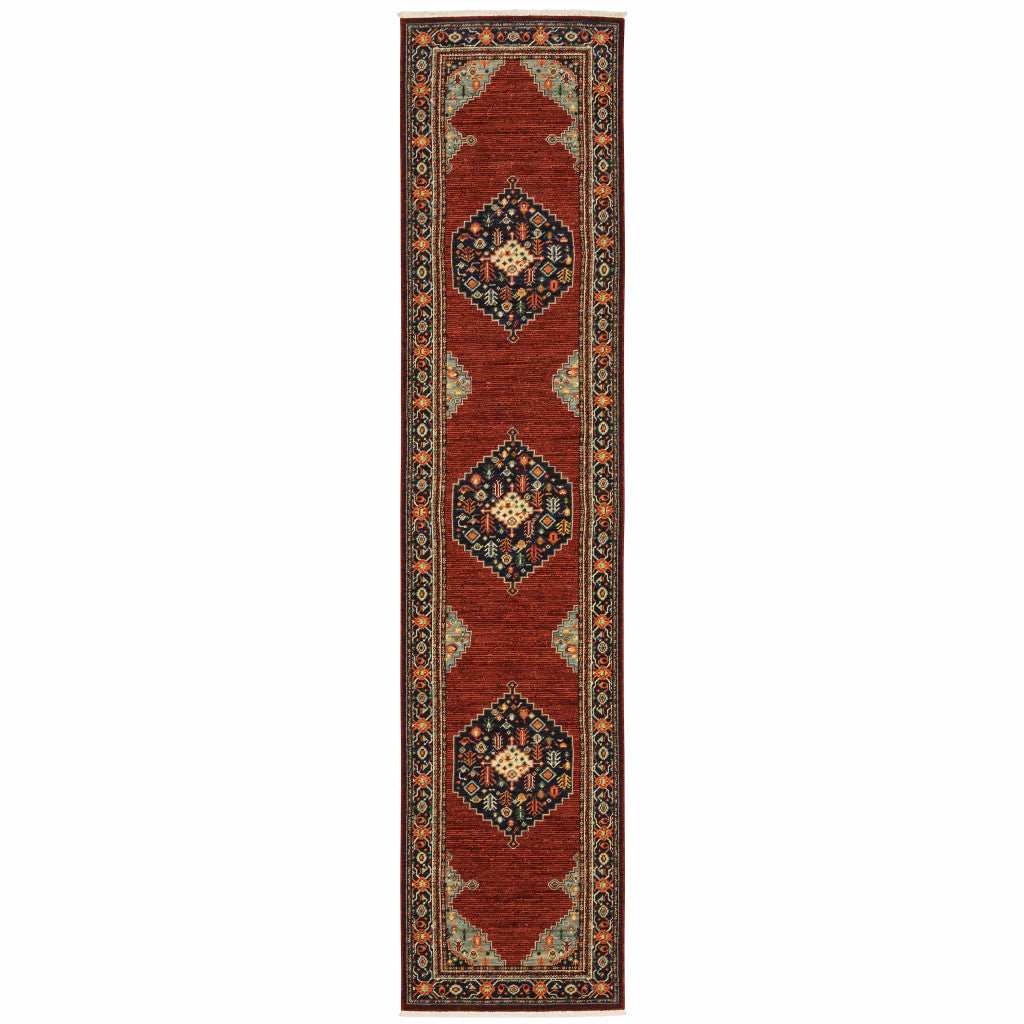 2' X 10' Red And Ivory Oriental Power Loom Runner Rug With Fringe - Homeroots - Flyclothing LLC