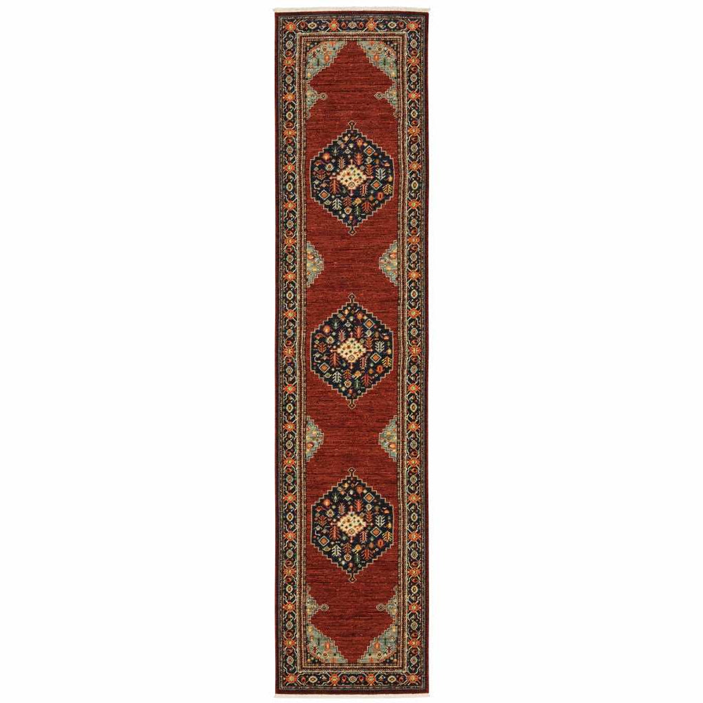 2' X 10' Red And Ivory Oriental Power Loom Runner Rug With Fringe