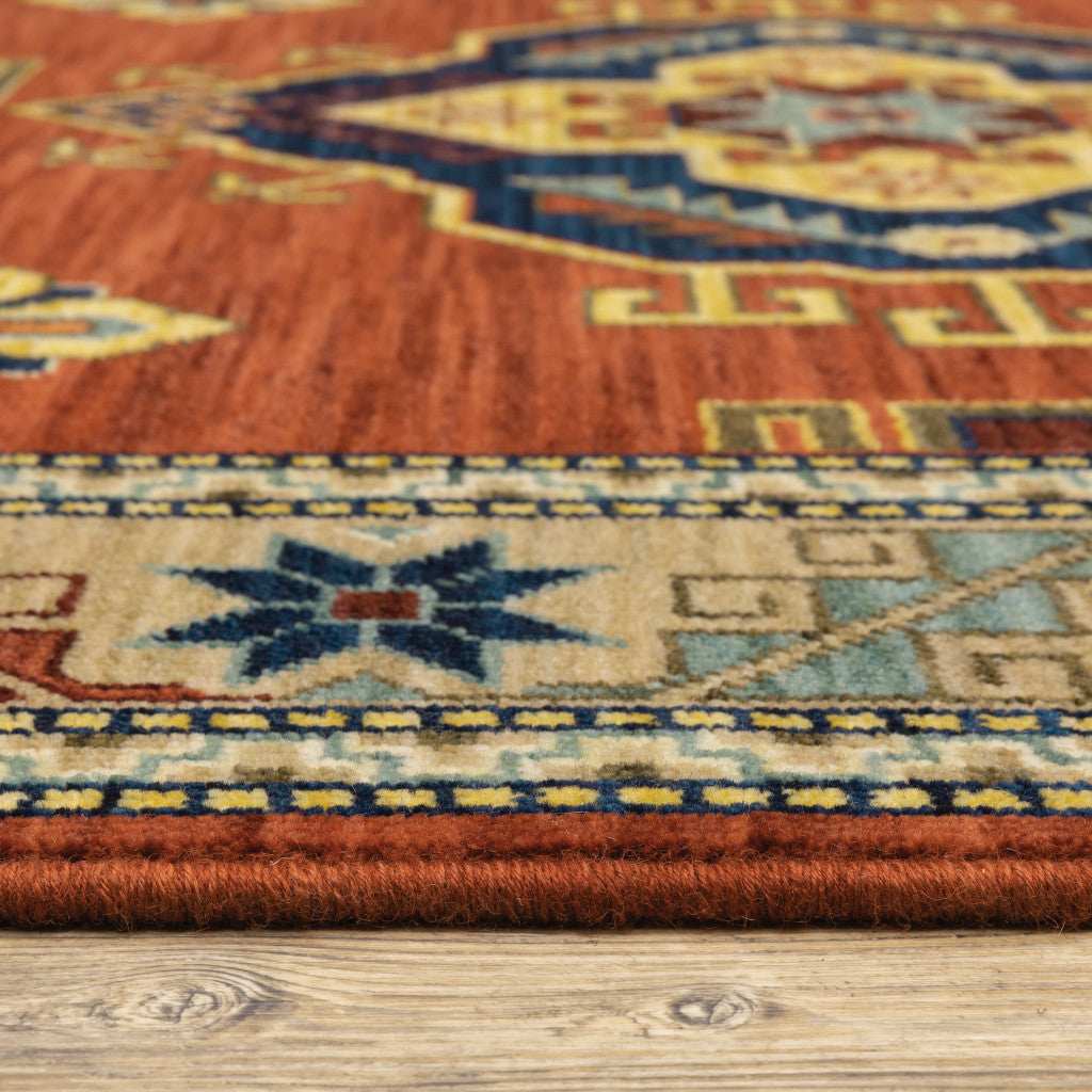 12' Red Gold Blue Brown Oriental Power Loom Runner Rug With Fringe - Homeroots - Flyclothing LLC