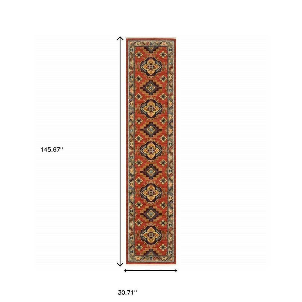 12' Red Gold Blue Brown Oriental Power Loom Runner Rug With Fringe - Homeroots - Flyclothing LLC