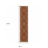 12' Red Gold Blue Brown Oriental Power Loom Runner Rug With Fringe - Homeroots - Flyclothing LLC