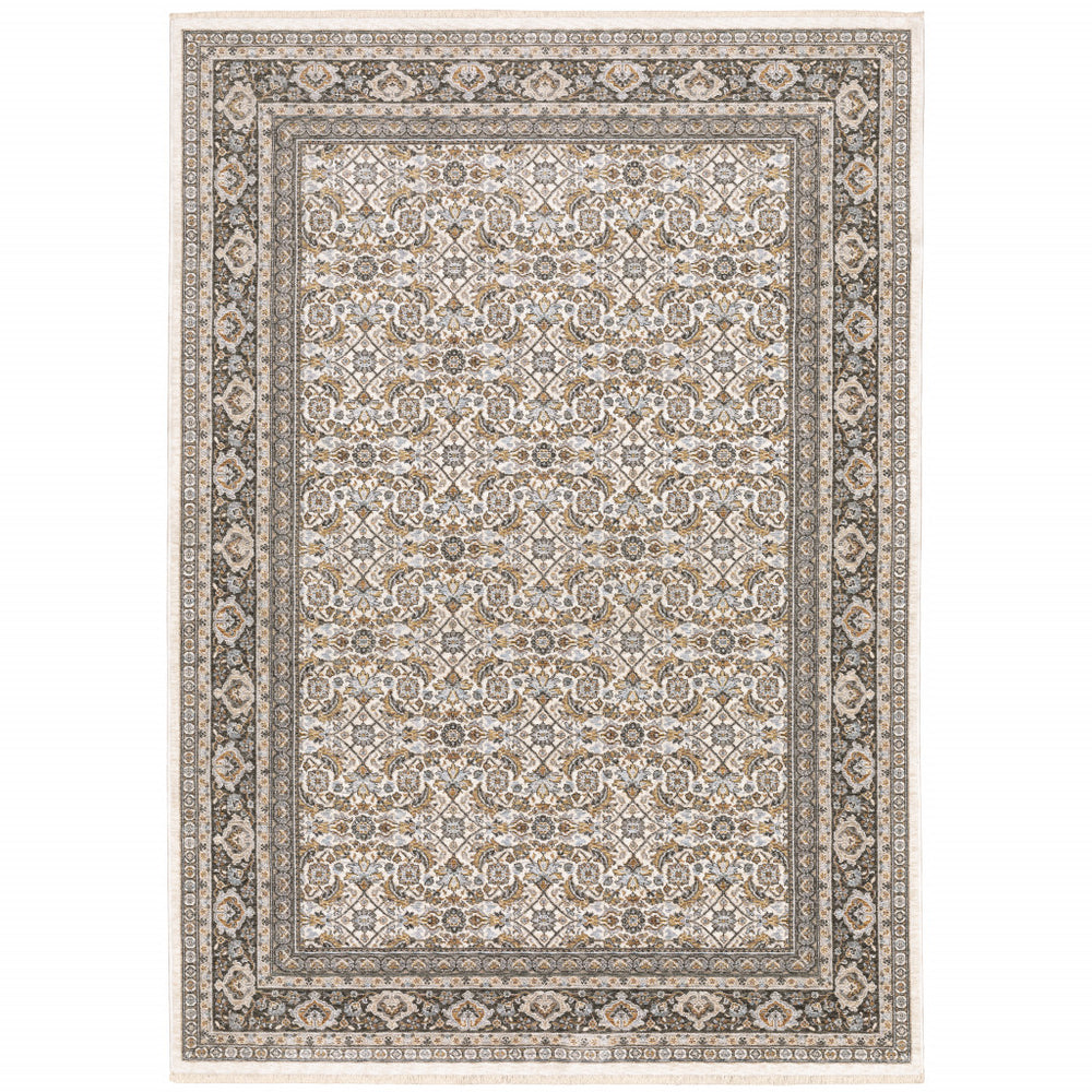 10' X 13' Ivory And Grey Oriental Power Loom Stain Resistant Area Rug With Fringe