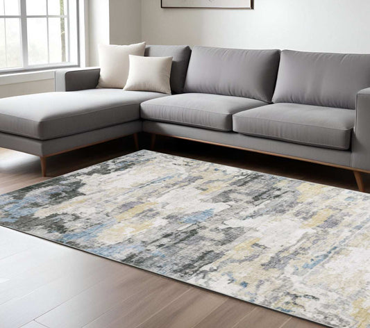 8' X 10' Grey Blue Charcoal Ivory Yellow Beige And Tan Abstract Printed Stain Resistant Non Skid Area Rug - Homeroots - Flyclothing LLC
