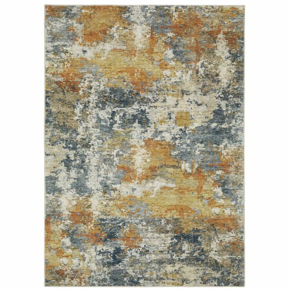 2' X 3' Teal Blue Orange Gold Grey Tan Brown And Beige Abstract Printed Stain Resistant Non Skid Area Rug - Homeroots