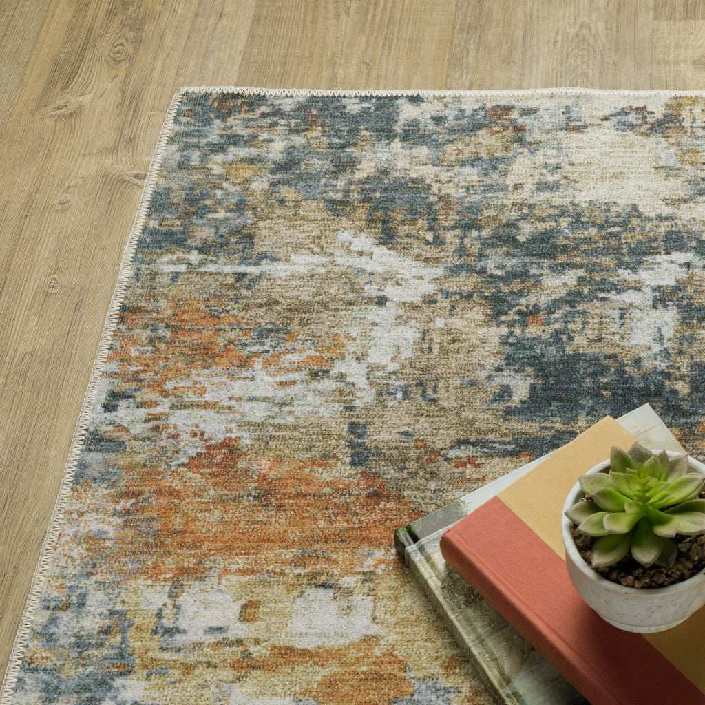 2' X 3' Teal Blue Orange Gold Grey Tan Brown And Beige Abstract Printed Stain Resistant Non Skid Area Rug - Homeroots - Flyclothing LLC