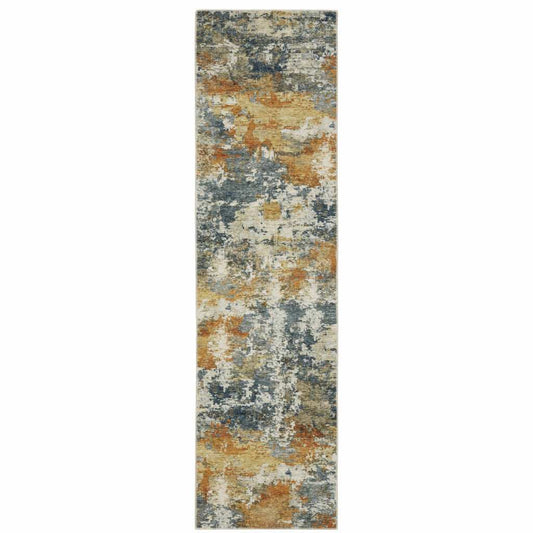 2' X 8' Teal Blue Orange Gold Grey Tan Brown And Beige Abstract Printed Stain Resistant Non Skid Runner Rug - Homeroots - Flyclothing LLC