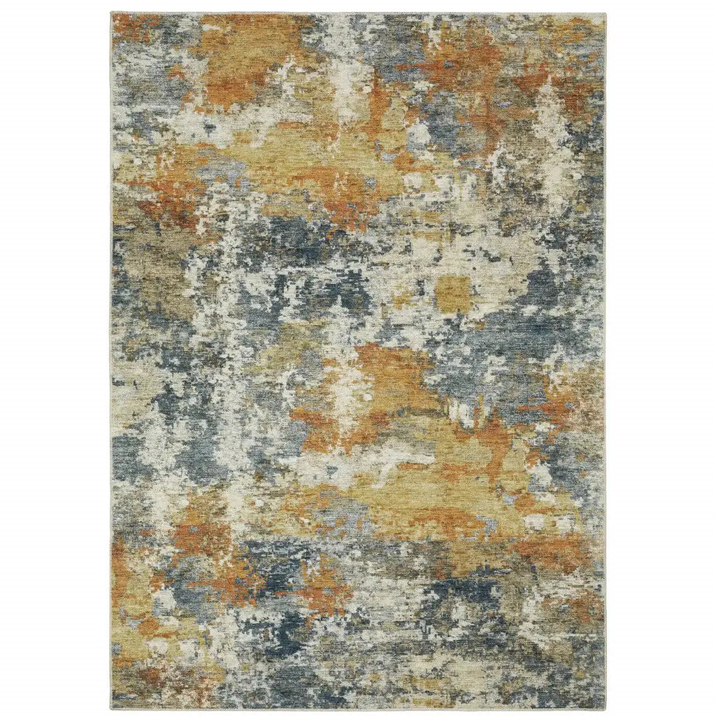 5' X 7' Teal Blue Orange Gold Grey Tan Brown And Beige Abstract Printed Stain Resistant Non Skid Area Rug - Homeroots - Flyclothing LLC