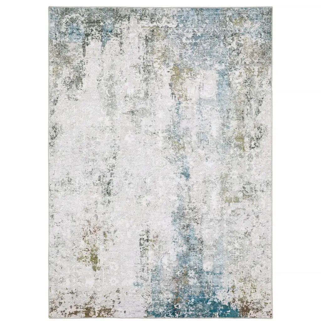 5' X 7' Ivory Teal Blue Grey Brown And Gold Abstract Printed Stain Resistant Non Skid Area Rug - Homeroots - Flyclothing LLC