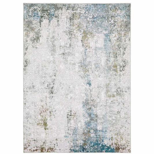 5' X 7' Ivory Teal Blue Grey Brown And Gold Abstract Printed Stain Resistant Non Skid Area Rug - Homeroots - Flyclothing LLC