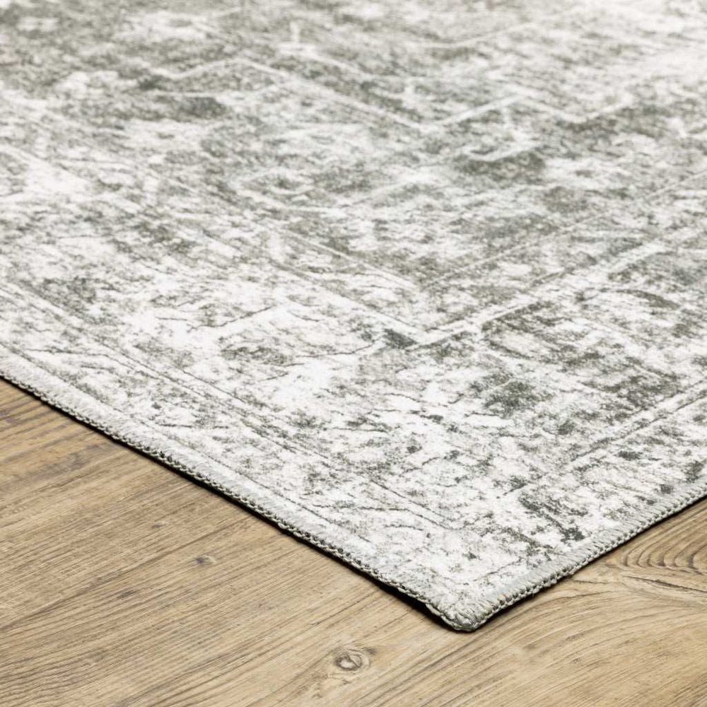 2' X 3' Sage Green Grey Ivory And Silver Oriental Printed Stain Resistant Non Skid Area Rug - Homeroots - Flyclothing LLC
