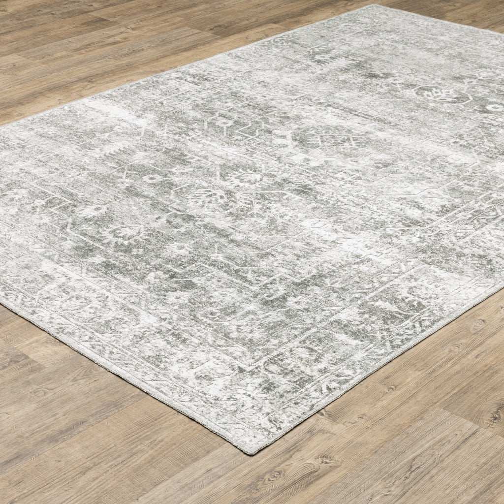 2' X 3' Sage Green Grey Ivory And Silver Oriental Printed Stain Resistant Non Skid Area Rug - Homeroots - Flyclothing LLC