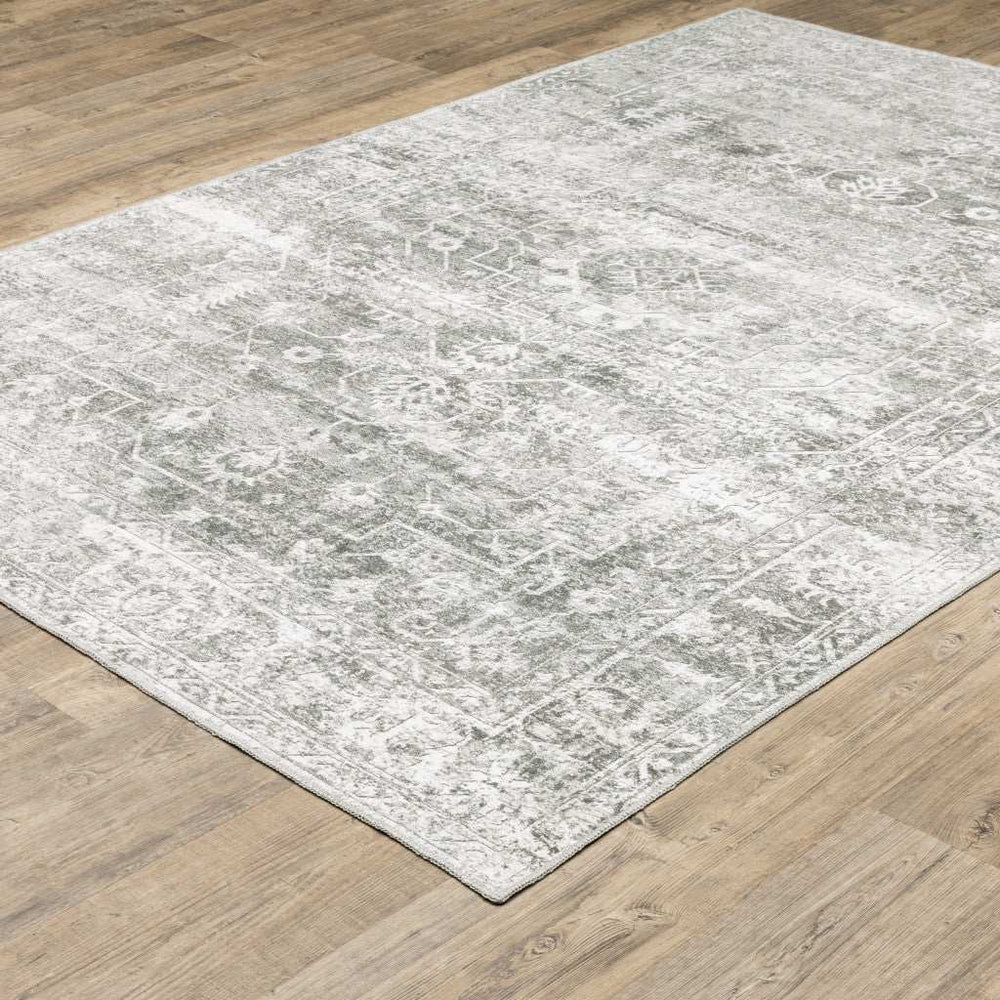 2' X 3' Sage Green Grey Ivory And Silver Oriental Printed Stain Resistant Non Skid Area Rug - Homeroots - Flyclothing LLC