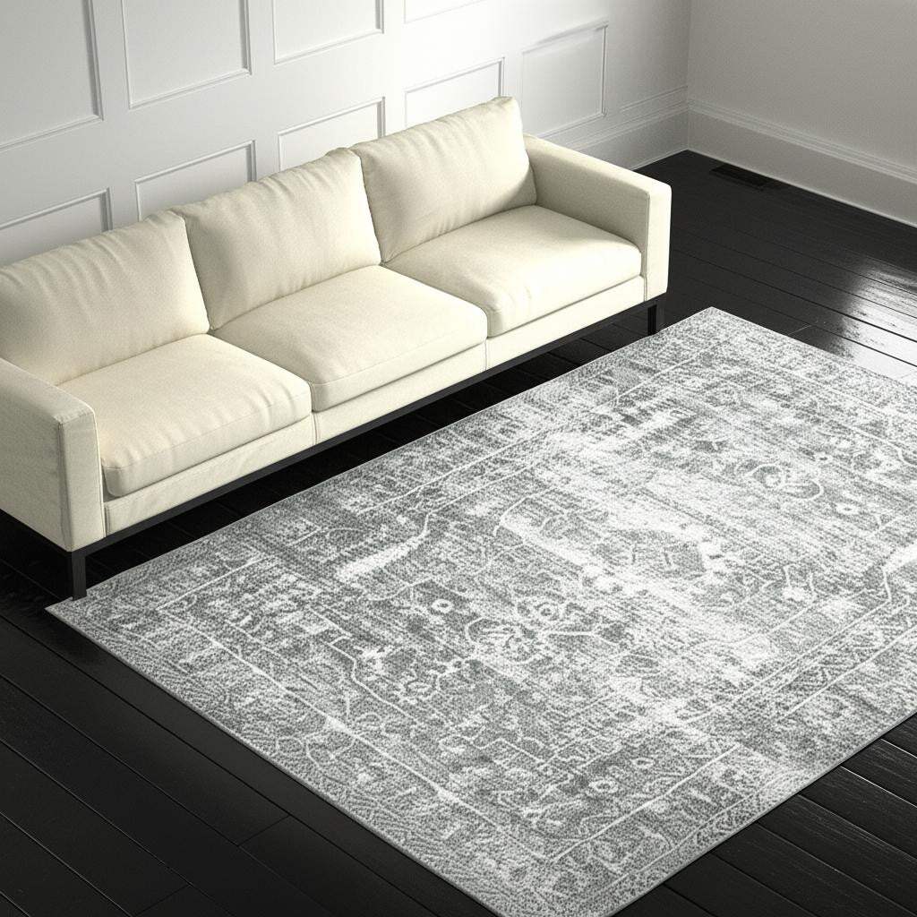 5' X 7' Sage Green Grey Ivory And Silver Oriental Printed Stain Resistant Non Skid Area Rug - Homeroots - Flyclothing LLC