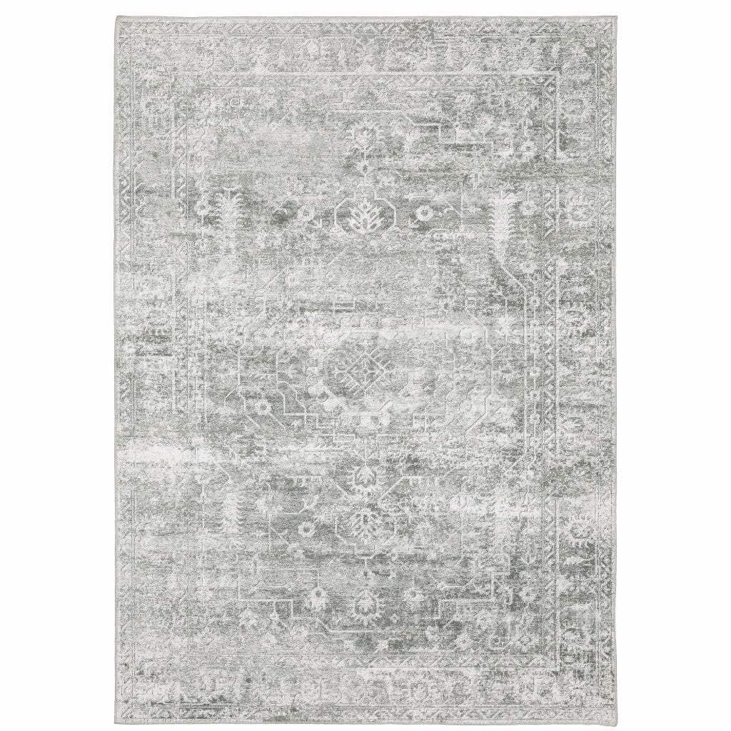 8' X 10' Sage Green Grey Ivory And Silver Oriental Printed Stain Resistant Non Skid Area Rug - Homeroots - Flyclothing LLC