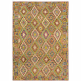2' X 3' Gold Orange Brown Red Green Purple And Beige Southwestern Printed Stain Resistant Non Skid Area Rug