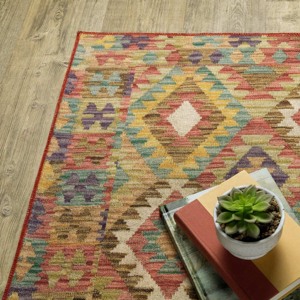2' X 3' Gold Orange Brown Red Green Purple And Beige Southwestern Printed Stain Resistant Non Skid Area Rug - Homeroots - Flyclothing LLC