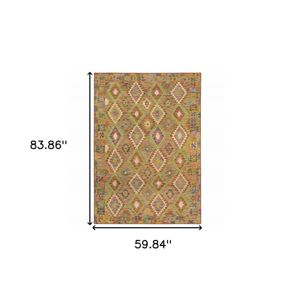 5' X 7' Gold Orange Brown Red Green Purple And Beige Southwestern Printed Stain Resistant Non Skid Area Rug - Homeroots - Flyclothing LLC