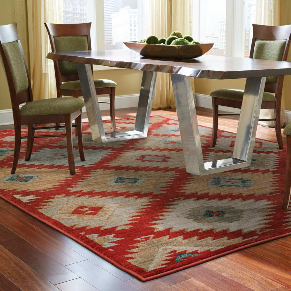 10' X 13' Red Green Gold Blue Teal And Ivory Geometric Power Loom Stain Resistant Area Rug - Homeroots - Flyclothing LLC