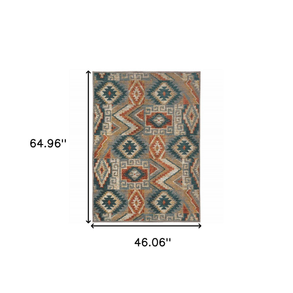 4' X 6' Blue Teal Grey Orange Gold Ivory And Rust Geometric Power Loom Stain Resistant Area Rug - Homeroots - Flyclothing LLC