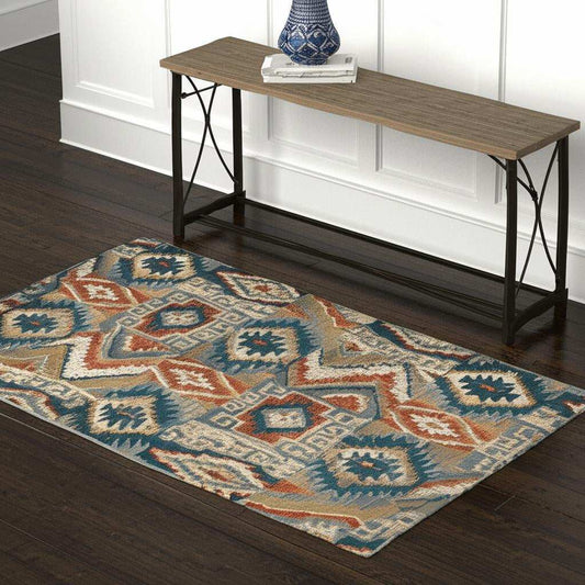 4' X 6' Blue Teal Grey Orange Gold Ivory And Rust Geometric Power Loom Stain Resistant Area Rug - Homeroots - Flyclothing LLC